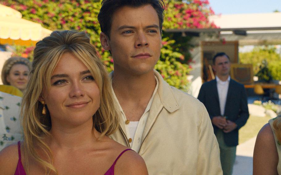Florence Pugh and Harry Styles star in “Don’t Worry Darling,” now playing in many on-base movie theaters. 