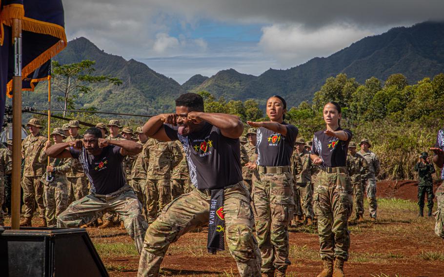 The 25th Infantry Division’s Hui Ha'a team performs during the opening ceremony for the Joint Pacific Multinational Readiness Training Center rotation, Schofield Barracks, Hawaii, Oct. 20, 2022. 