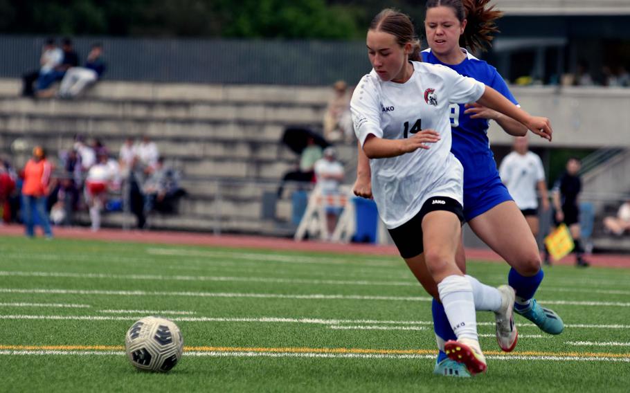 Kaiserslautern’s Bailey Wesseler drives the ball down the field during the DODEA-Europe Division I girls soccer semifinals against Ramstein May 21, 2025, at Ramstein Air Base, Germany. The No. 1 seed Royals won 5-2 and will face Stuttgart Thursday in the finals.