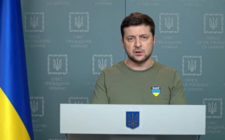 In this image taken from video, Ukrainian President Volodymyr Zelenskyy speaks to the nation in Kyiv, Ukraine, Thursday, March 3, 2022. 