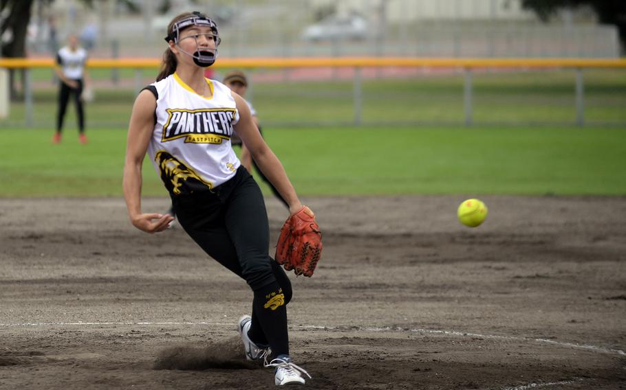 Kadena right-hander Julia Petruff delivers against Kubasaki during Tuesday's Okinawa softball game. The Panthers won 5-3.