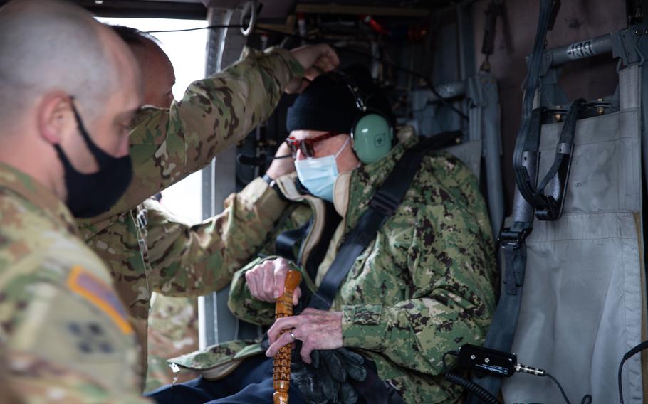 Howard “Ken” Potts celebrates his 100th birthday on April 15, 2021, with a flight on a UH-60 Black Hawk helicopter by members of the Utah National Guard’s 2nd General Support Aviation Battalion.