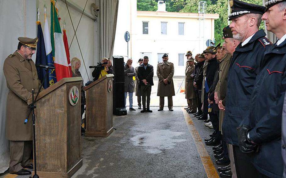 Col. Michele Amendolagine, the commander of the military base in Longare, Italy, speaks at a ceremony May 7, 2024. The formerly nameless base is now called Caserma Matteo Miotto in honor of a soldier from a nearby town who died in combat in Afghanistan 14 years ago.