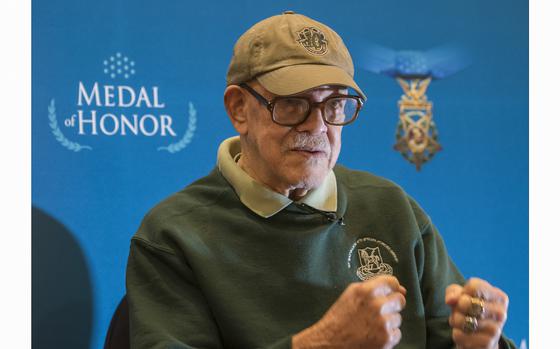 Retired Special Forces Army Col. Paris Davis tells of his heroic combat actions in Vietnam while attending a media event in Arlington, Va., on Thursday, March 2, 2023, one day before he was to receive the Medal of Honor at a White House ceremony on Friday.