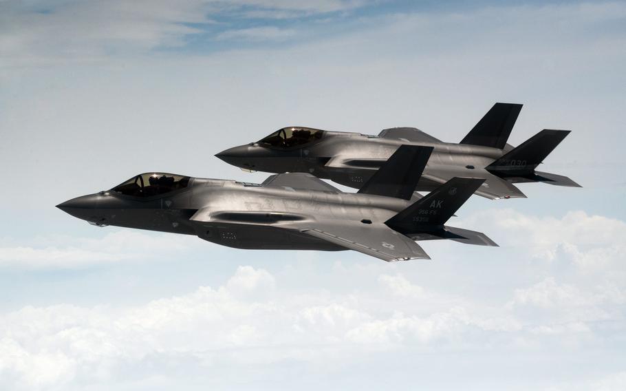 Air Force and South Korean F-35A Lightning II stealth fighters fly alongside each other over the Yellow Sea, July 12, 2022.