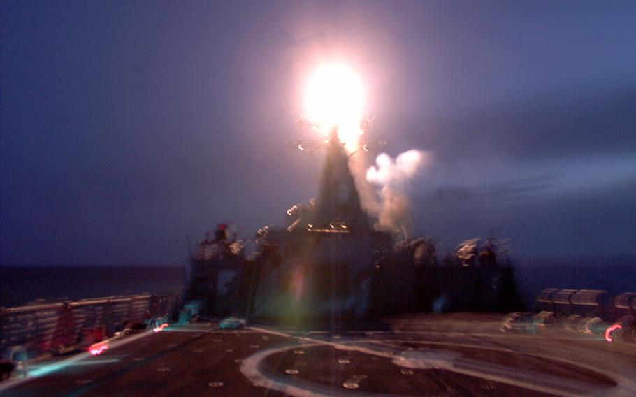 The guided missile destroyer Gonzalez in the Adriatic Sea fires Tomahawks at Serbian targets in Yugoslavia, March 25, 1999. Each missile carried a 1,000 pound warhead.