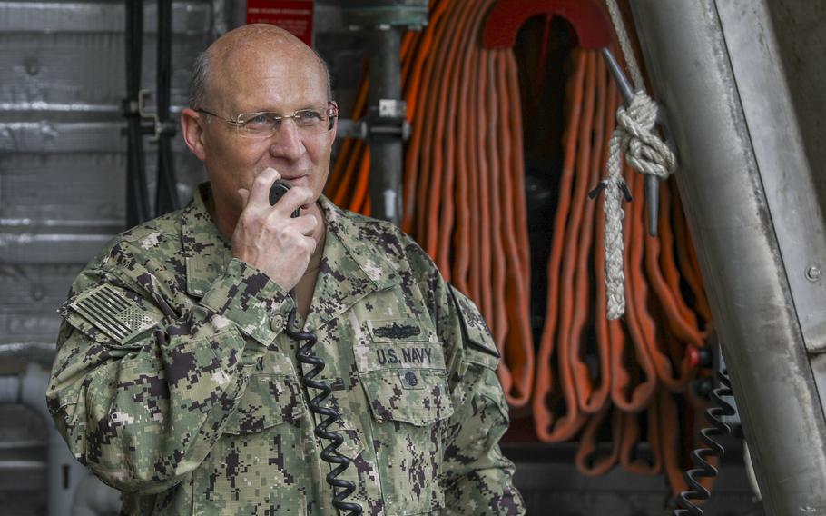 Adm. Mike Gilday, chief of naval operations, addresses the crew aboard the Freedom-class littoral combat ship USS Billings on March 3, 2021. Gilday visited Naval Station Mayport, Fla., to engage with sailors, speak to local Navy leadership and tour a number of commands in the area. 