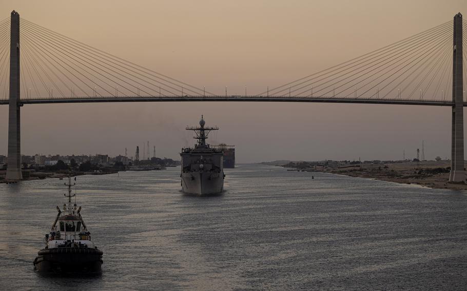 Dock landing ship USS Carter Hall transits the Suez Canal on Aug. 6, 2023, as a component of the Bataan Amphibious Ready Group. Elements of the group and the 24th Marine Expeditionary Unit are deployed to the U.S. 5th Fleet area of operations.