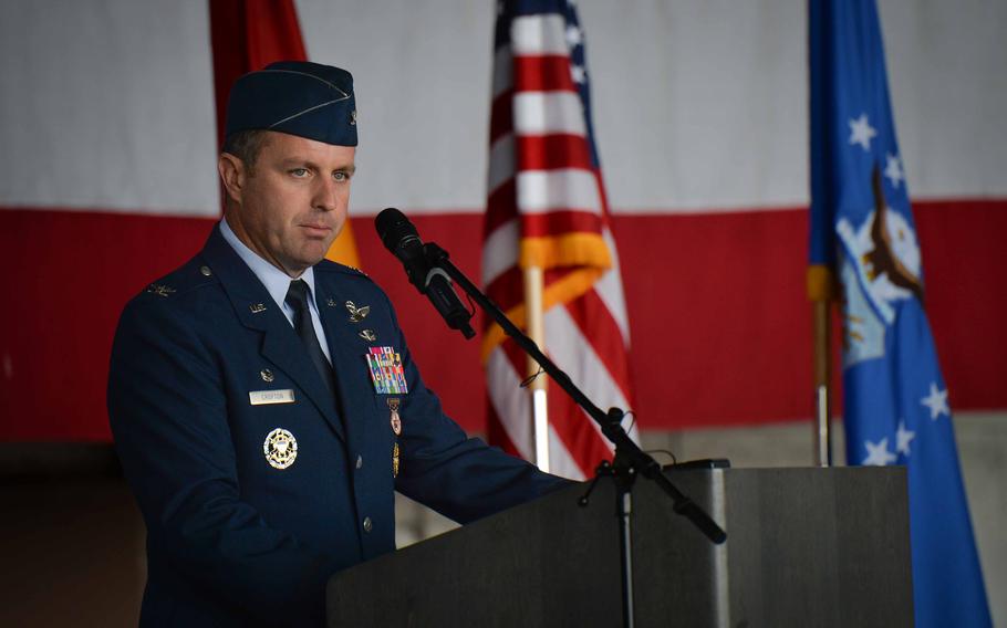 Col. Kevin Crofton addresses the airmen of the 52nd Fighter Wing on June 2, 2023, at Spangdahlem Air Base, Germany. 
