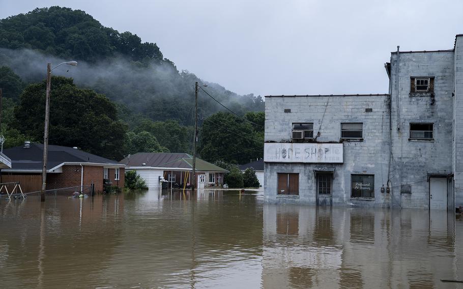 Flooding in downtown Jackson, Kentucky on July 29, 2022, in Breathitt County, Kentucky. At least 19 people have been killed and hundreds had to be rescued amid flooding from heavy rainfall. 