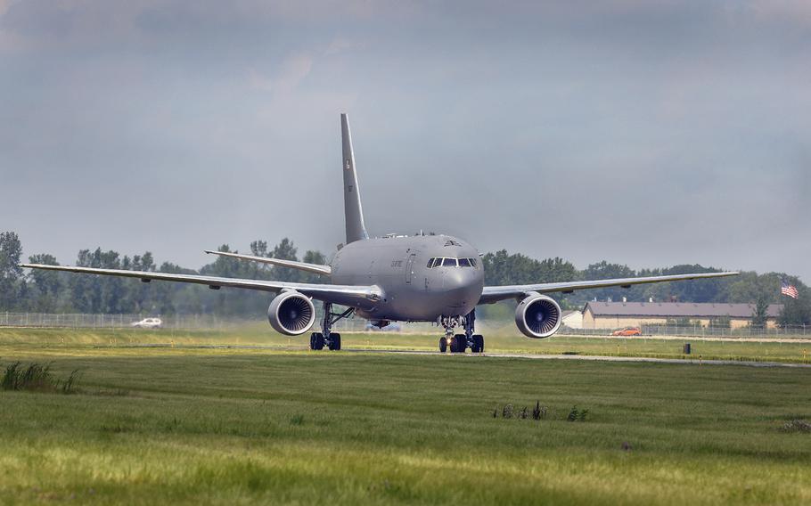 A KC-46A Pegasus taxis in at Selfridge Air National Guard Base, Mich., in July 2021.