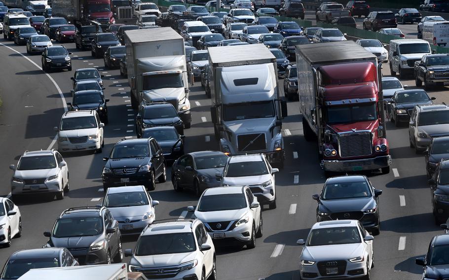 Traffic on the Beltway near the American Legion Bridge on July 27, 2021, in McLean, Va. 
