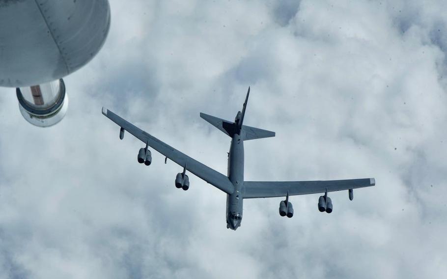 A B-52 Stratofortress from Barksdale Air Force Base, La., refuels in mid-air on Feb. 26, 2021. 