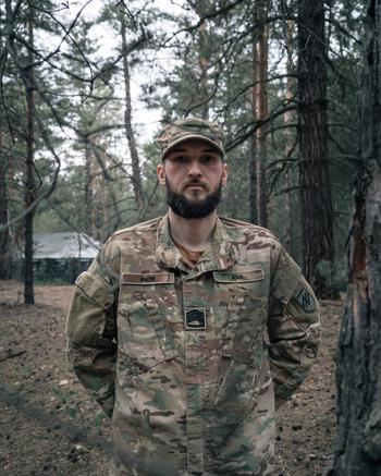 The Azov brigade “was known in a certain negative way,” said a master sergeant who goes by the call sign Maslo, seen above in March. “Now it is in a positive way because what we do works … The recruits coming to us understand that.” 