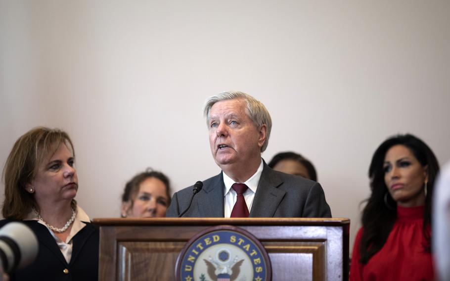 Sen. Lindsey O. Graham (R-S.C.), seen here announcing a proposed national abortion ban on Sept. 13, 2022, does not want to focus on attacking Justice Department investigations of former president Donald Trump. 
