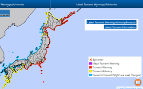 A map shows tsunami warnings in Japan.