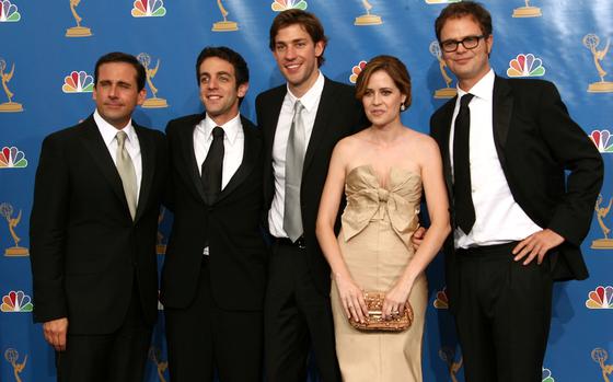 “The Office” actors Steve Carell, B.J. Novak, John Krasinski, Jenna Fischer and Rainn Wilson at the Emmys in 2006. 