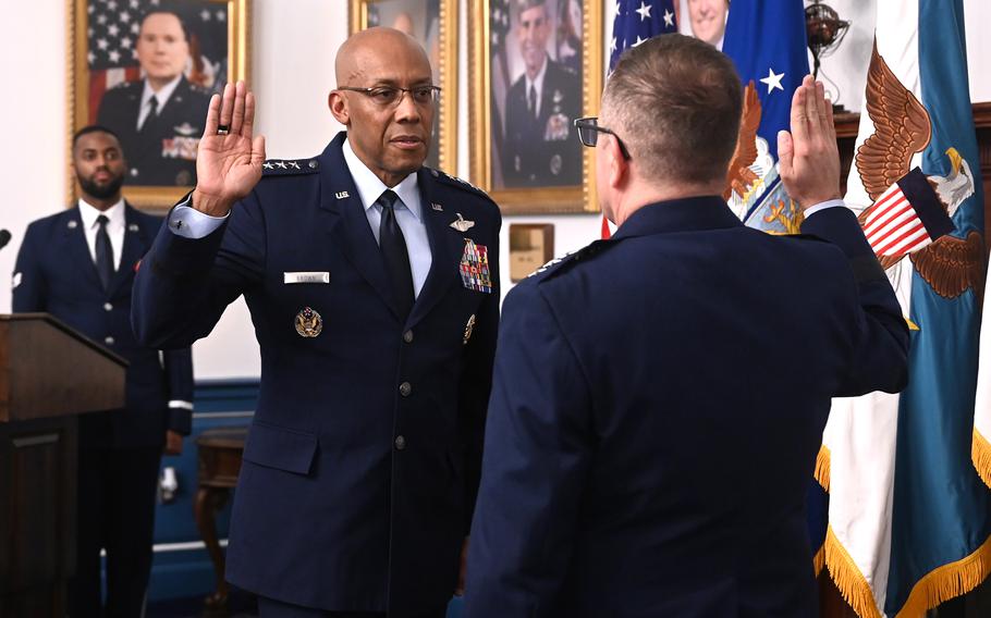Chairman of the Joint Chiefs of Staff Gen. Charles “CQ” Brown administers the Oath of Office to newly appointed Air Force Vice Chief of Staff Gen. James Slife during a ceremony at Joint Base Anacostia-Bolling, Washington, D.C., Dec. 29, 2023. Slife will become the Air Force’s 41st Vice Chief and most recently served as the deputy chief of staff for operations.