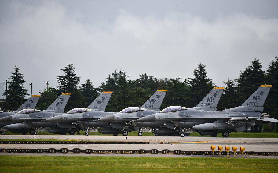 F-16 Fighting Falcons await final end-of-runway inspections at Kunsan Air Base, South Korea, Sept. 21, 2021.