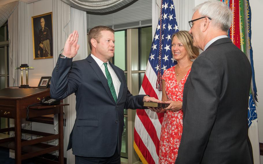 Ryan McCarthy swears in as Secretary of the Army in the Pentagon in Arlington, Va., Sept. 30, 2019. Court records published on the website of the watchdog group American Oversight indicate that the Pentagon “wiped” the government-issued phones of senior Defense Department and Army officials who were in charge of mobilizing the National Guard to respond to the Capitol attack, including then-Army Secretary Ryan McCarthy. 