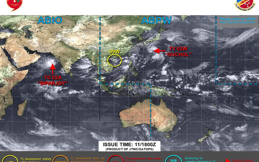 Final warning issued on Tropical Storm Guchol, headed rapidly away from Japan into northwest Pacific.