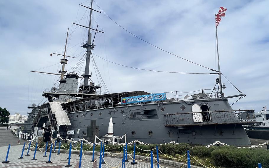 HMJMS Mikasa — 121 years old, 400 feet long and 76 feet wide — resides at Mikasa Memorial Park on the waterfront of Yokosuka, Japan.