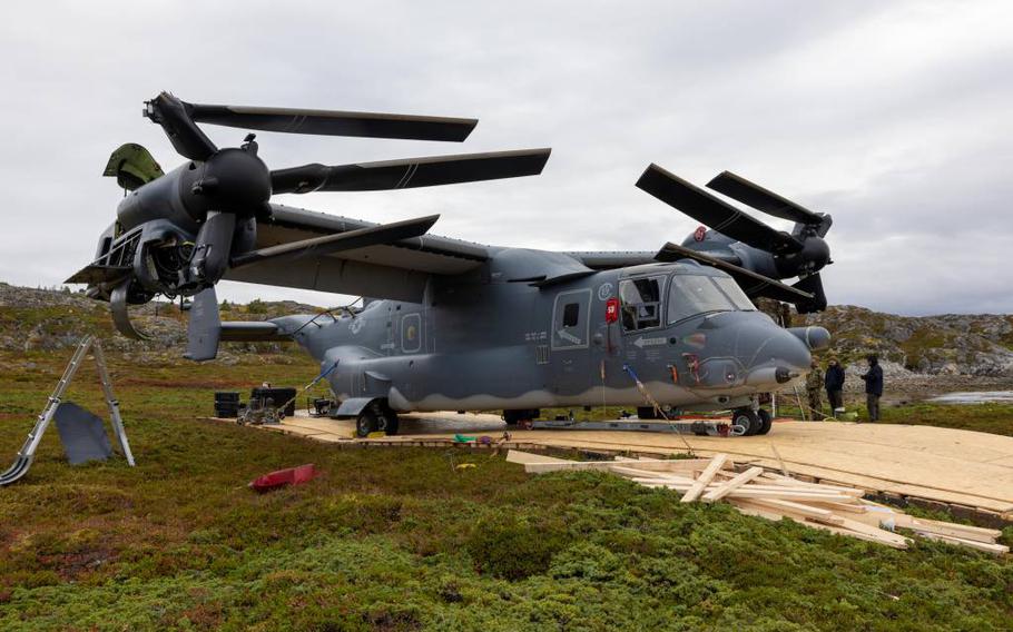 A U.S. Air Force CV-22 Osprey is prepared for movement at Stongodden Nature Reserve in Norway. The Osprey had been stuck on the island of Senja since August, after an in-flight emergency forced the crew to land. 
