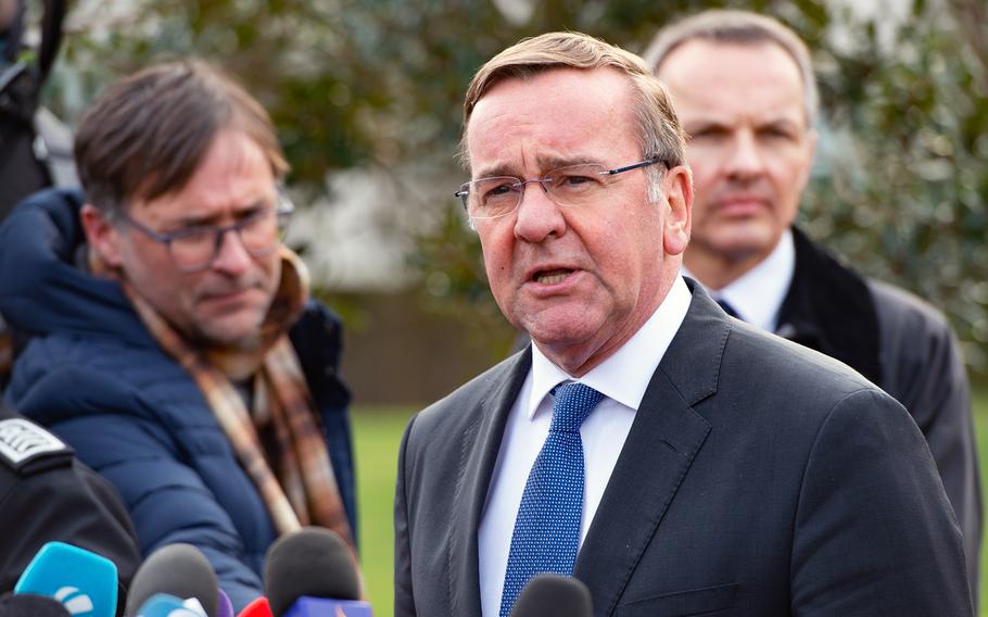 New German Defense Minister Boris Pistorius speaks to reporters at Ramstein Air Base, Germany, Jan. 20, 2023, during the Ukraine Defense Contact Group conference.