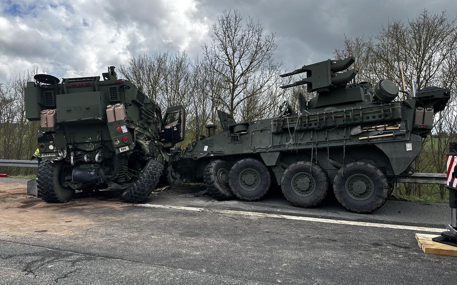 A Mine Resistant Ambush Protected vehicle and a Stryker are severely damaged after colliding on the A6 near Amberg, Germany, on April 17, 2023. Seven soldiers were injured during the crash.