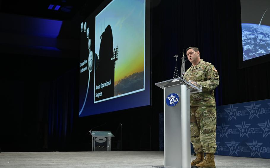 Chief of Space Operations Gen. Chance Saltzman delivers a keynote speech at a symposium in Aurora, Colo., on March 7, 2023. Saltzman said guardians will be assigned to Stuttgart and Ramstein Air Base in Germany in support of U.S. European Command later this year.