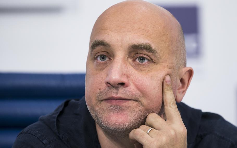 Russian writer and publicist Zakhar Prilepin attends a news conference in Moscow, Russia, Tuesday, Feb. 21, 2017. Russian state news agency Tass says the car of Prilepin exploded in Russia on Saturday, May 6, 2023, injuring him and killing his driver.