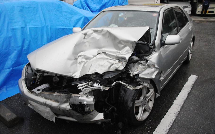 Marine Cpl. Abel Reyes' crashed Toyota Altezza sits at a Japanese police impound lot in Okinawa, Japan, May 13, 2024.