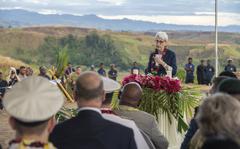 In this photo provided by the New Zealand Defence Force, U.S. Deputy Secretary of State Wendy Sherman speaks at a dawn service at Bloody Ridge as part of commemorations to mark the 80th anniversary of the Battle of Guadalcanal near Honiara, Solomon Islands, Monday, Aug. 8, 2022. A Japanese sailor was attacked during the World War II memorial service that was also attended by U.S. Deputy Secretary of State Wendy Sherman.