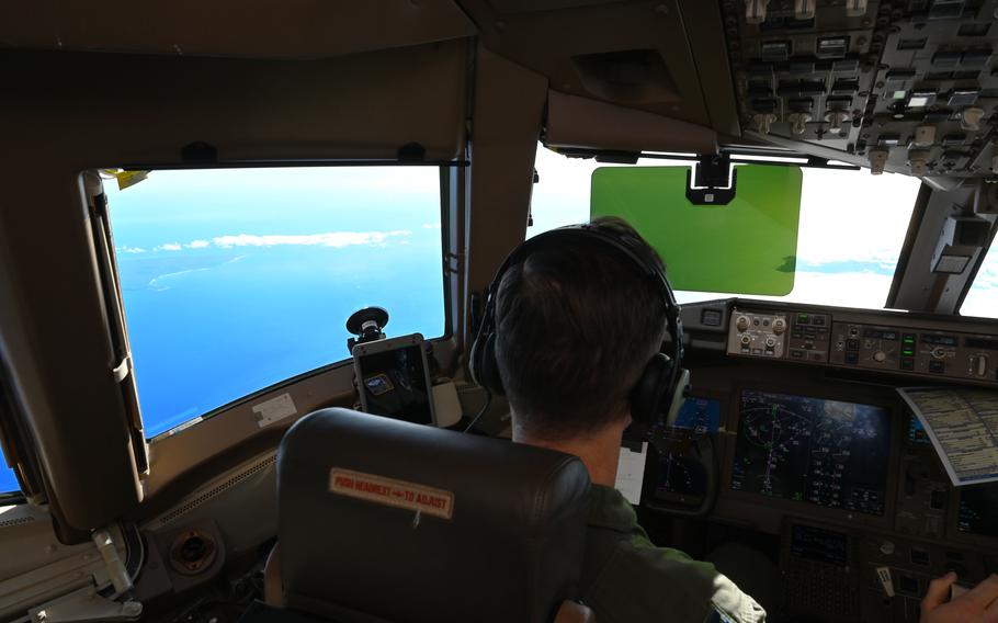 Capt. Jordan Gauvin, a pilot with the 157th Air Refueling Wing, flies a KC-46A Pegasus over the Pacific Ocean, Nov. 16, 2022. The flight, a 36-hour nonstop endurance mission covering 16,000 miles, set an Air Force record.