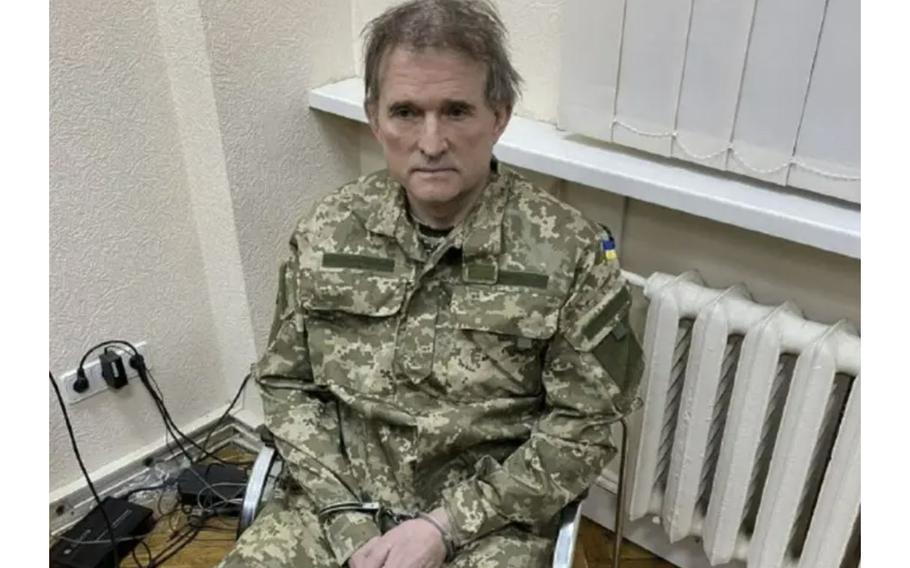 Ukrainian oligarch Viktor Medvedchuk as seen on Ukrainian President Volodymyr Zelenskyy’s Telegram account. Medvedchuk, a close associate of Russian President Vladimir Putin, was arrested Tuesday, April 12, 2022, Zelenskyy’s account said.