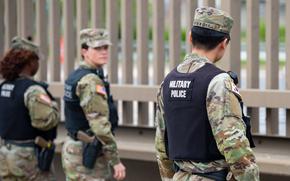 U.S. military police officers stand guard at Camp Humphreys during a training exercise in Pyeongtaek, South Korea, April 25, 2023. 