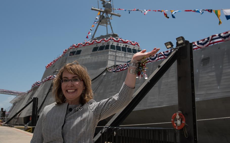 Former Rep. Gabby Giffords, D-Ariz., in June 2015 with the littoral combat ship named after her.