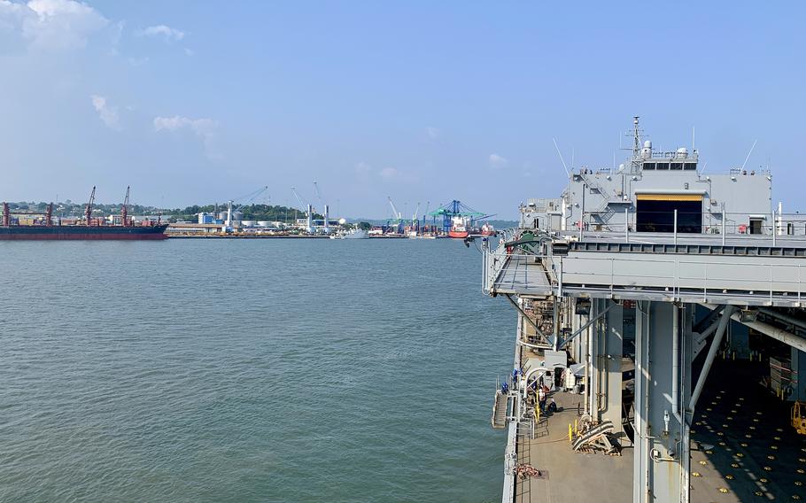 USS Hershel "Woody" Williams enters the port at Libreville, Gabon, on May 5, 2024. The ship was in Libreville for the Obangame Express opening ceremony and other events related to the exercise.