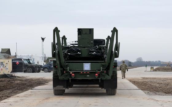 A U.S. Army Patriot launcher vehicle with its missiles removed 