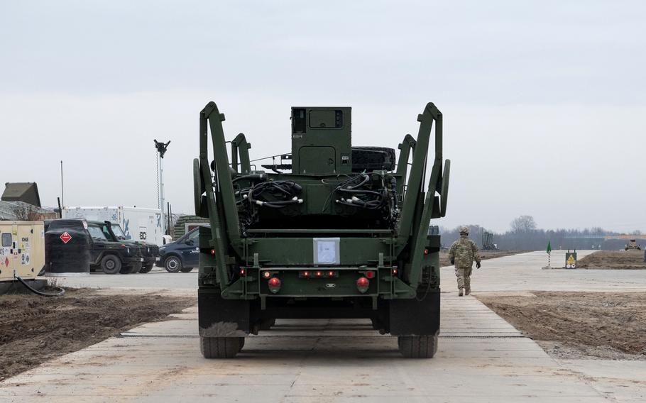A U.S. Army Patriot launcher vehicle with its missiles removed