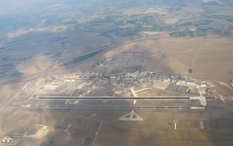 A view of Naval Air Station Sigonella in Sicily from a P-8 Poseidon on Nov. 12, 2022. The base, which recently celebrated its 65th anniversary, plays a part in a variety of U.S. and NATO operations.