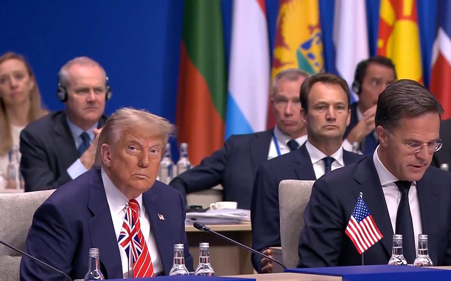 President Donald Trump listens to NATO Secretary-General Mark Rutte talks among other NATO country leaders.