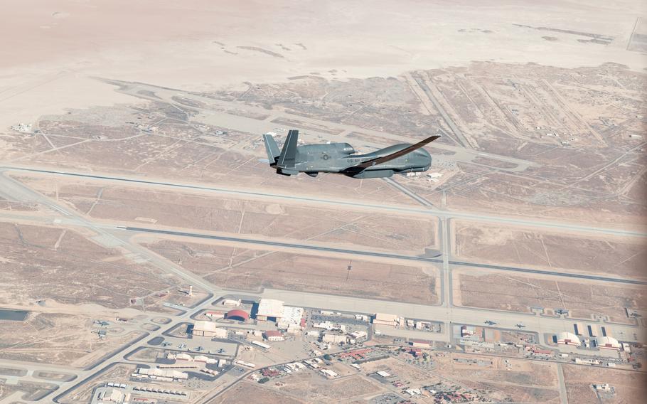 An RQ-4 Global Hawk assigned to the 452nd Flight Test Squadron flies in the skies above Edwards Air Force Base, Calif., May 23.