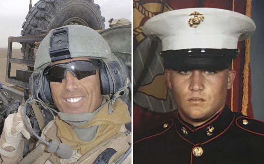 Marines Sgt. Maj. Robert J. Cottle, left, and Lance Cpl Rick J. Centanni have had a post office in Yorba Linda, Calif., named after them.