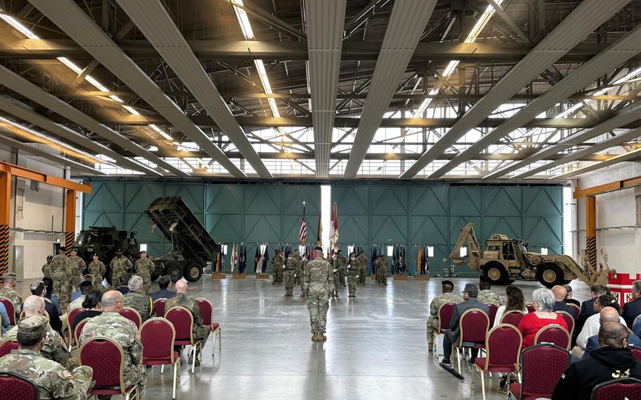 Col. Kyle T. Moulton stands in front of the formation as the 7th Engineering Brigade reactivativation ceremony comes to a close on July 27, 2023 at Katterbach Kaserne in Ansbach, Germany. 