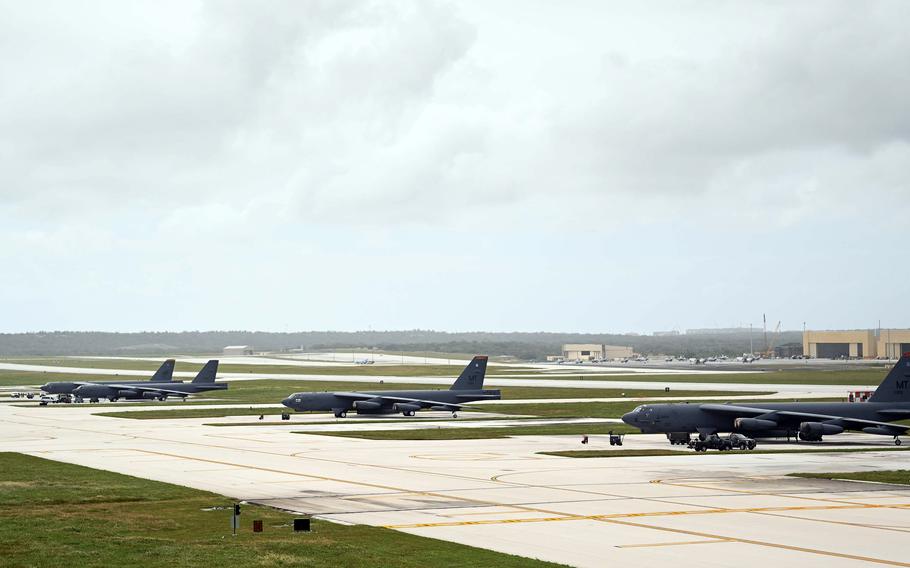 B-52 Stratofortress bombers park on the flightline at Andersen Air Force Base, Guam, Monday, Feb. 5, 2024, the first day of the Cope North exercise.