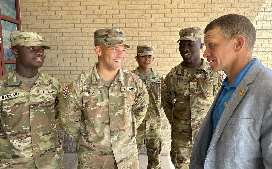 Tony Grinston, CEO of Army Emergency Relief and the 16th Sergeant Major of the Army, talks with soldiers new to Fort Cavazos, Texas, before eating at the installation’s OIF Dining Facility on April 22, 2024. Grinston was at Fort Cavazos for the first time after taking the lead of the U.S. Army’s official nonprofit in January to talk about leadership and the organization’s role in providing financial assistance to soldiers, retired soldiers and Army families.