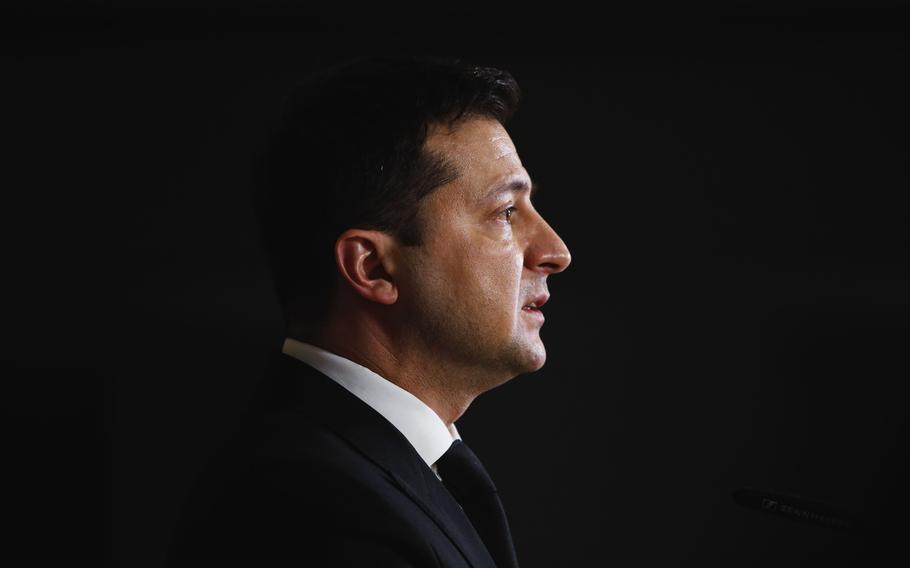 Ukraine's President Volodymyr Zelenskyy speaks during a media conference at an Eastern Partnership Summit in Brussels, Dec. 15, 2021.