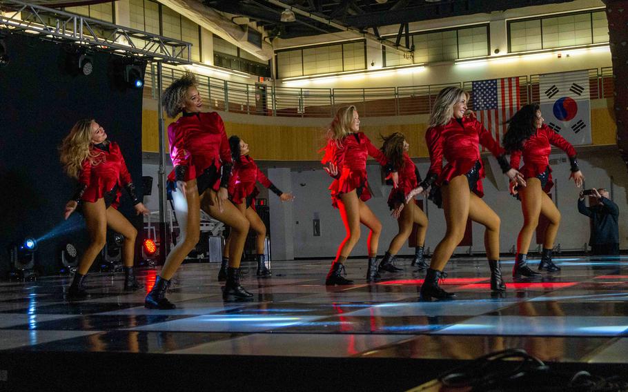 The Dallas Cowboys Cheerleaders perform at John W. Collier Community Fitness Center at Camp Humphreys, South Korea, Feb. 23, 2024.