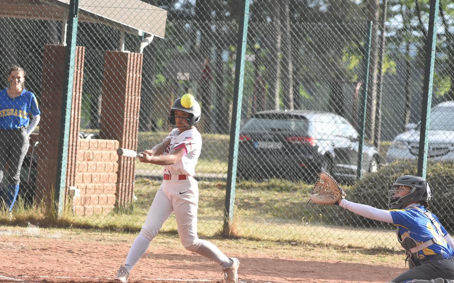 Kaiserslautern's Allison Monroe fouls the ball off Thursday, May 22, 2025, at the DODEA-Europe Division I softball championships at Ramstein Air Base, Germany.